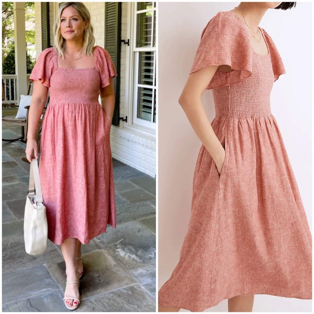 Madewell Red Linen Blend Lucie Smocked Midi Short Sleeve Dress S